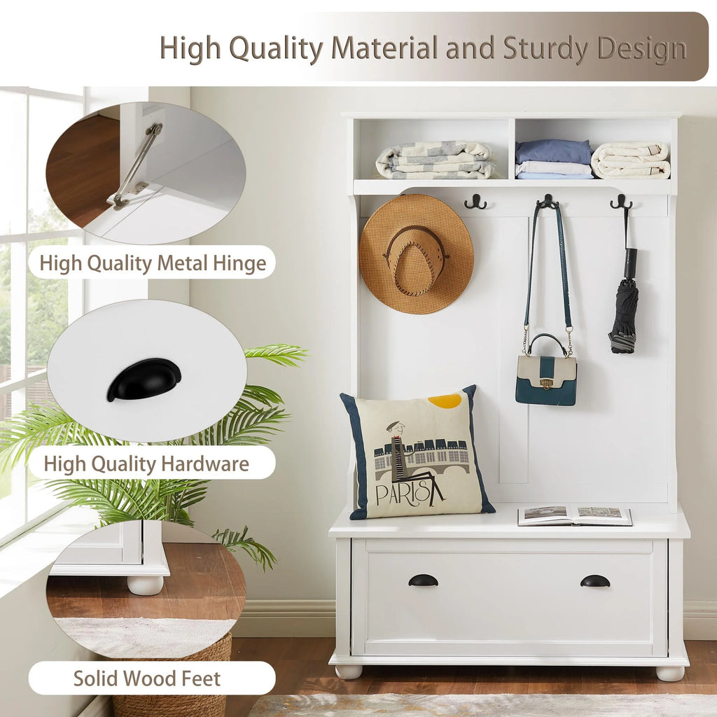 White Hall Tree Bench with Coat Rack and Shoe Cabinet A461