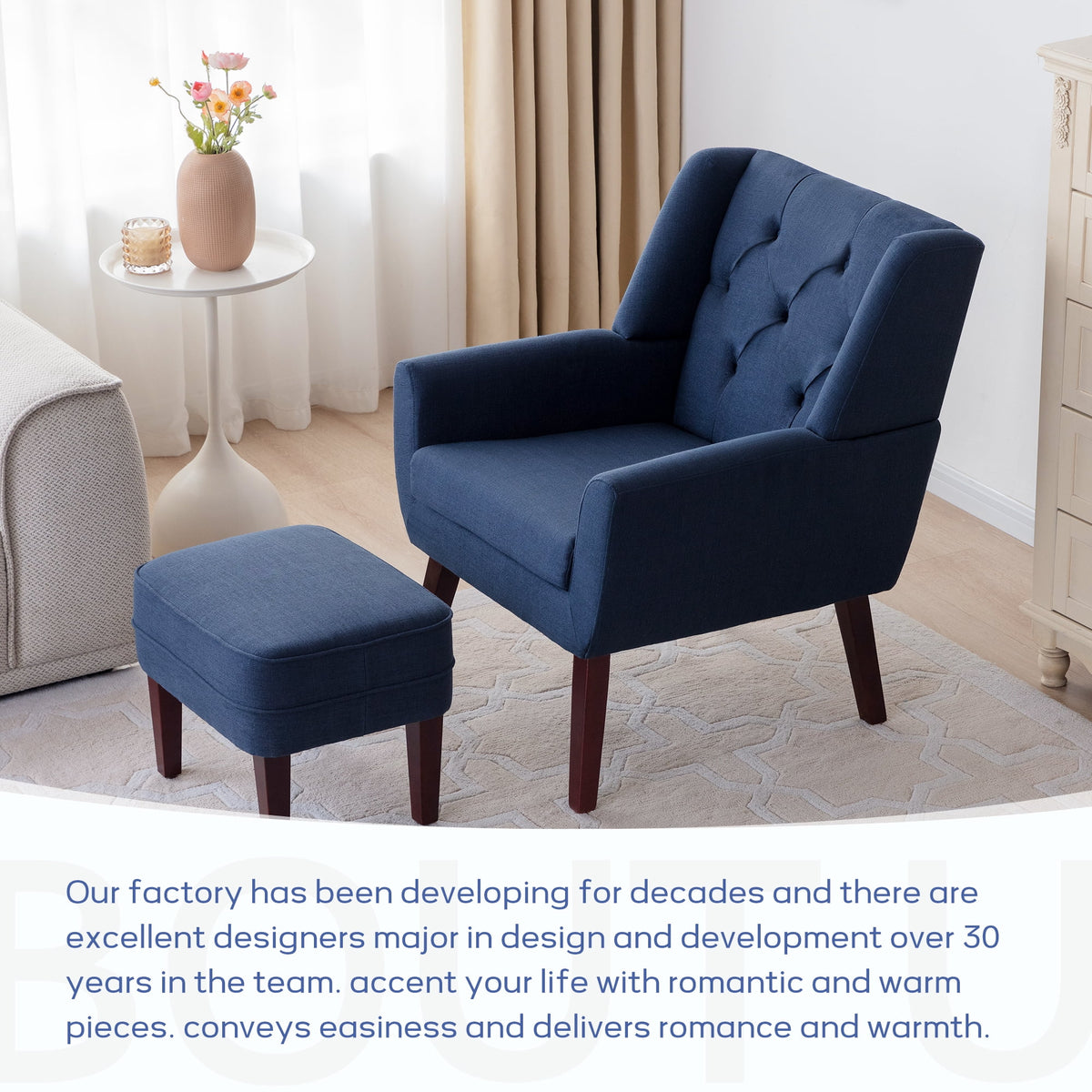 Blue Linen Fabric Tufted Accent Chair with Ottoman D13067