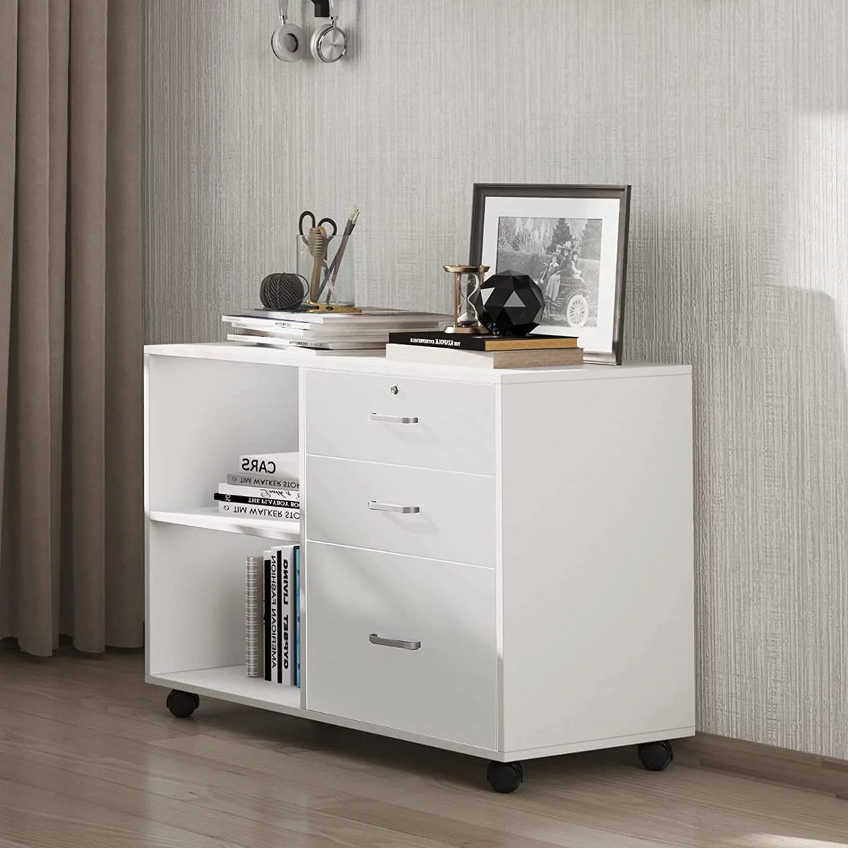 White 3 Drawer Wood File Cabinet with Storage Shelves A354