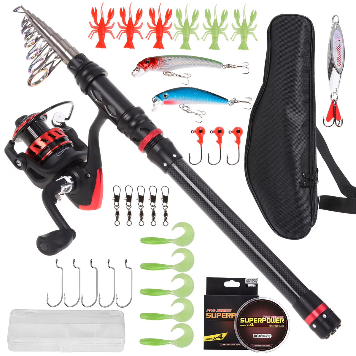 Carbon Fiber Telescopic Rod And Reel Combo With Lures Swivels Kit D5575