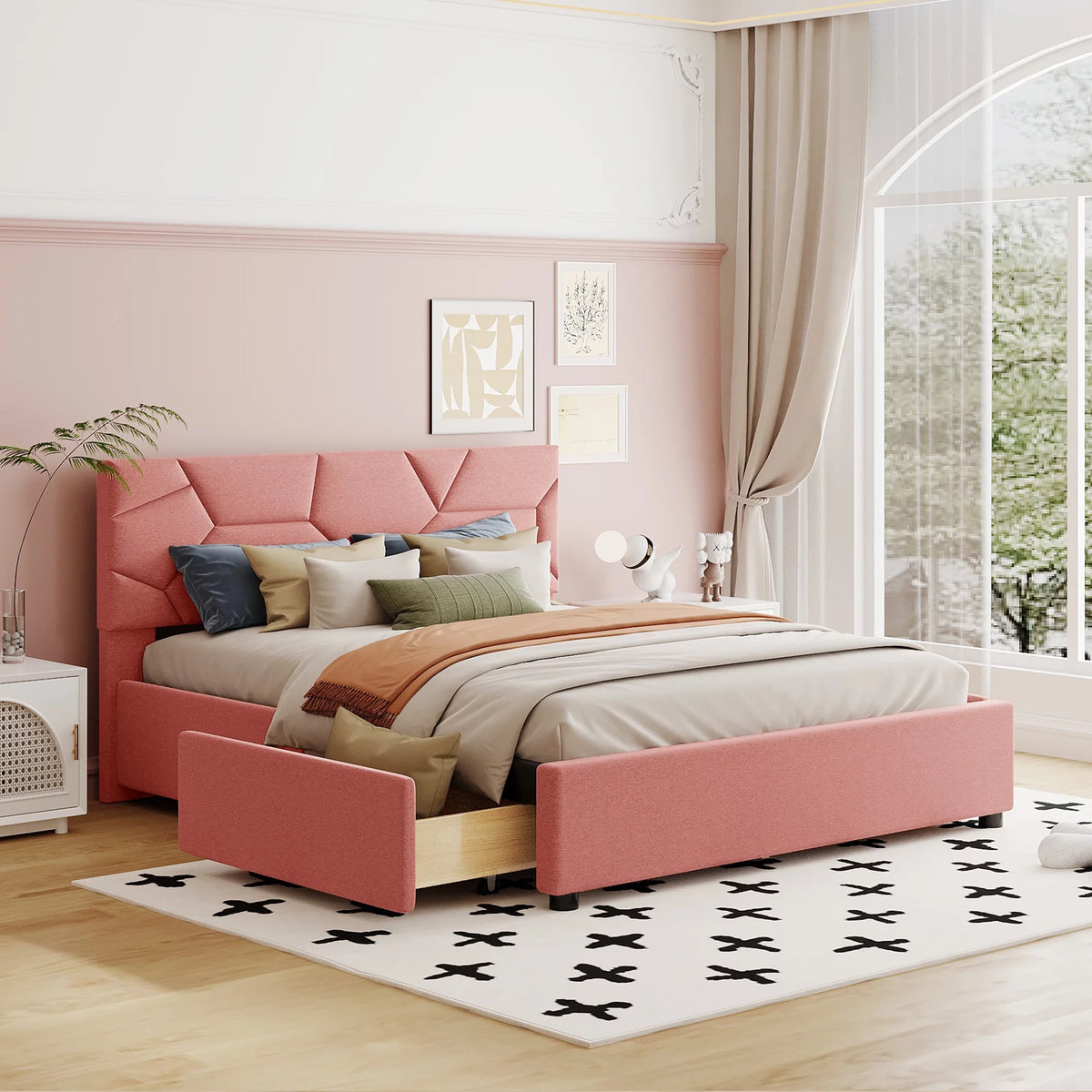 Queen Size Upholstered Platform Bed with 4 Drawers D387353