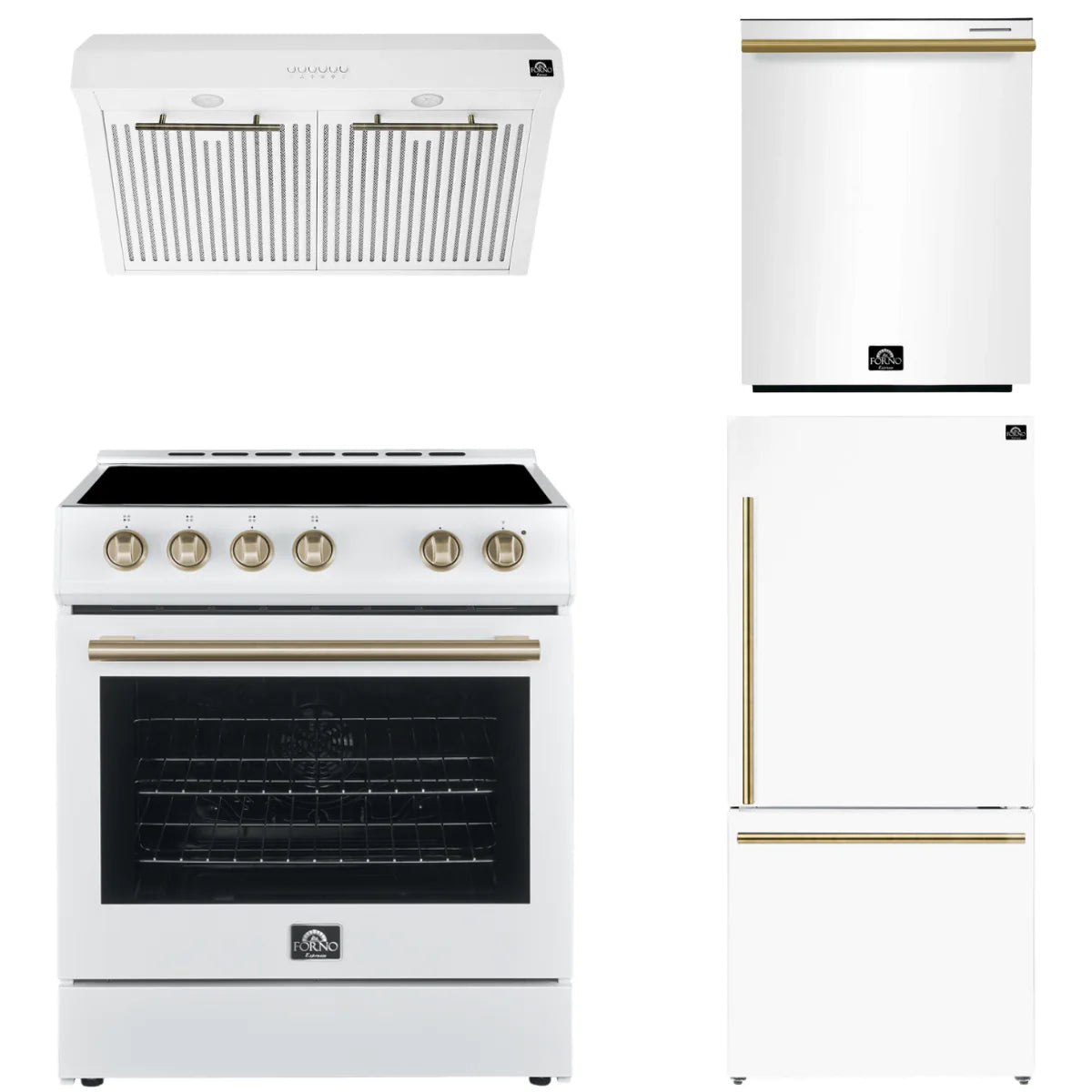 30 Electric Range, Range Hood, Refrigerator and Dishwasher in White U793
