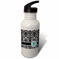 Mint Blue Black and White Damask Pattern 21 oz Sports Water Bottle K9145