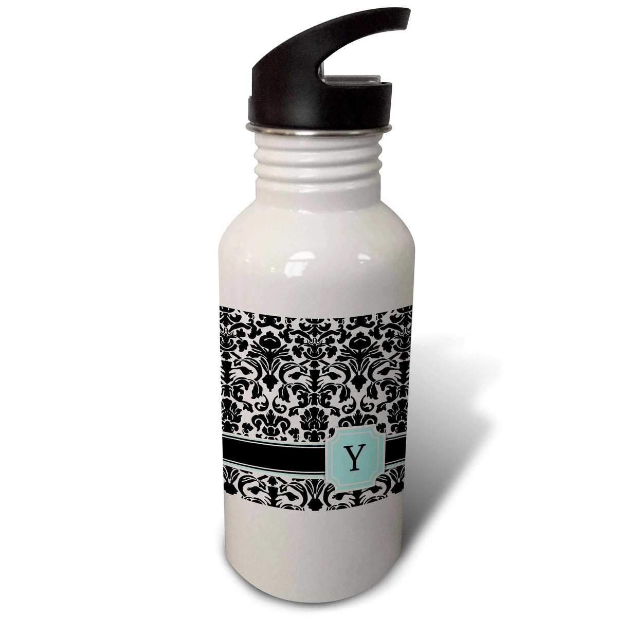 Mint Blue Black and White Damask Pattern 21 oz Sports Water Bottle K9145