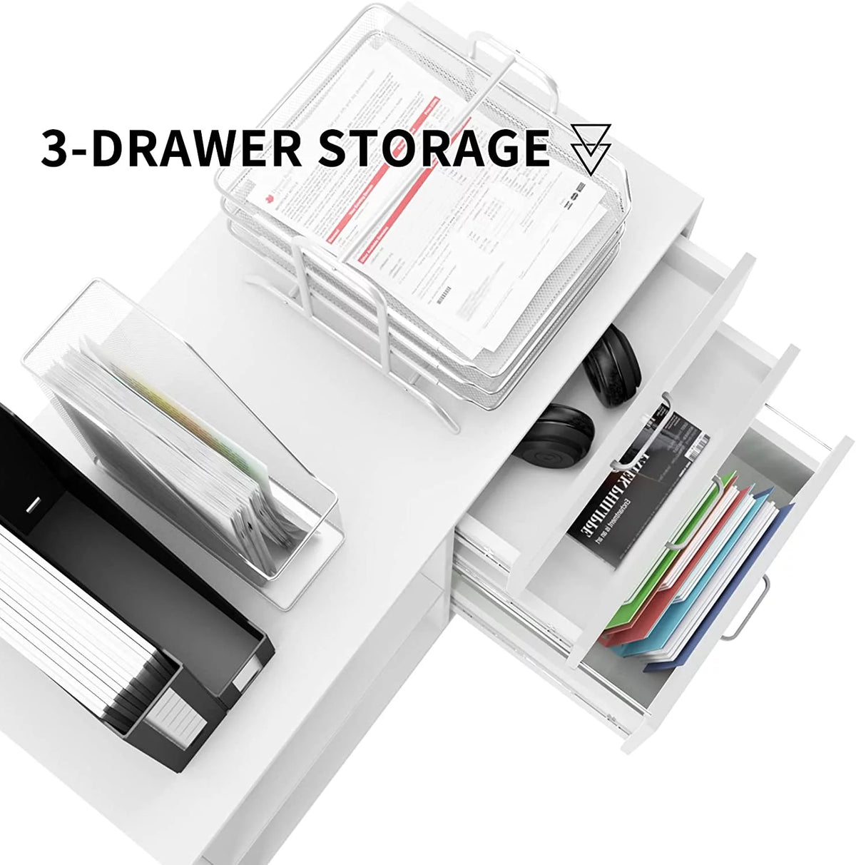 White 3 Drawer Wood File Cabinet with Storage Shelves A354