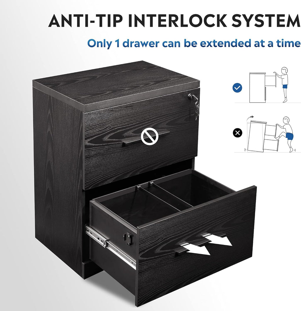 Black 2-Drawer Wood Lateral File Cabinet with Lock A1325