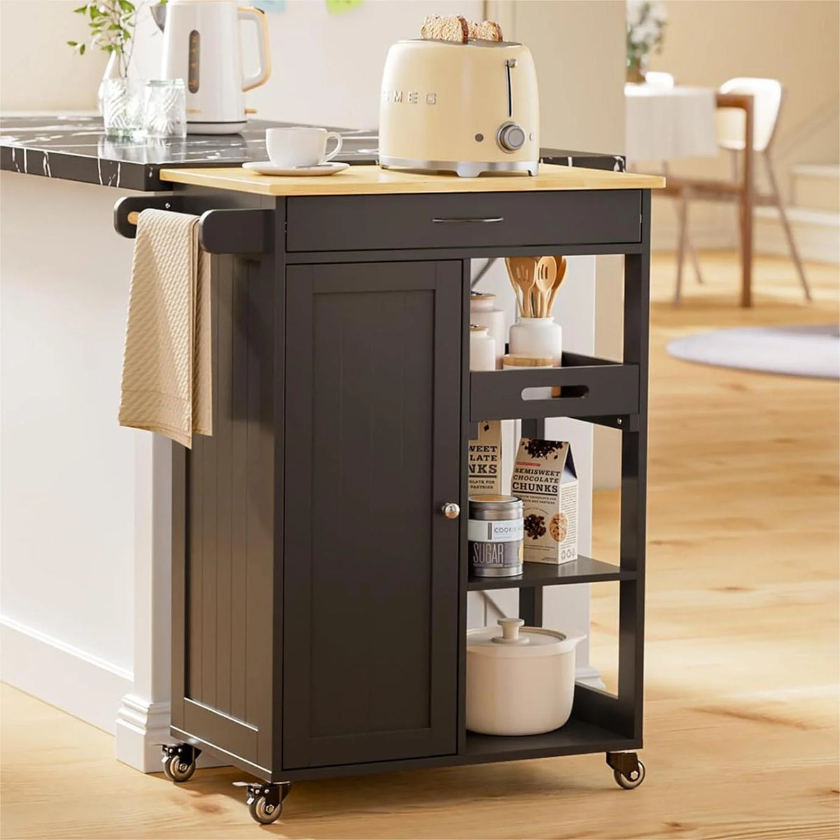 Black Kitchen Island Cart with Drawer and 3 Open Storage Shelves I7052