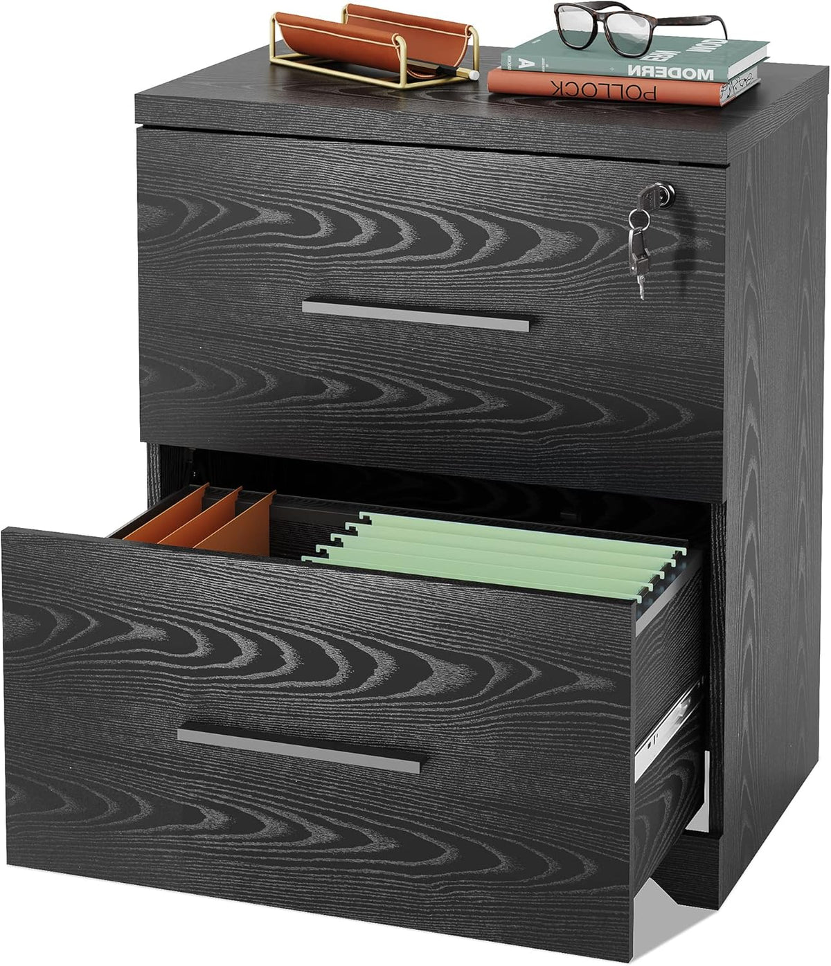 Black 2-Drawer Wood Lateral File Cabinet with Lock A1325