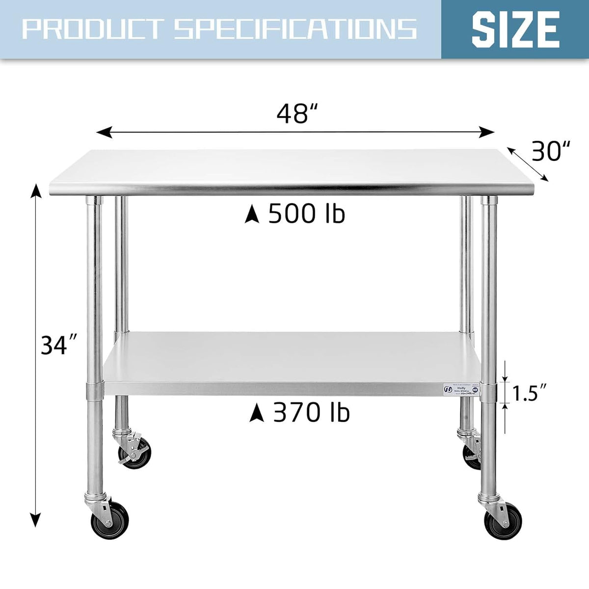 Stainless Steel Table 24 x 48 Inches with Caster Wheels and Undershelf W86221