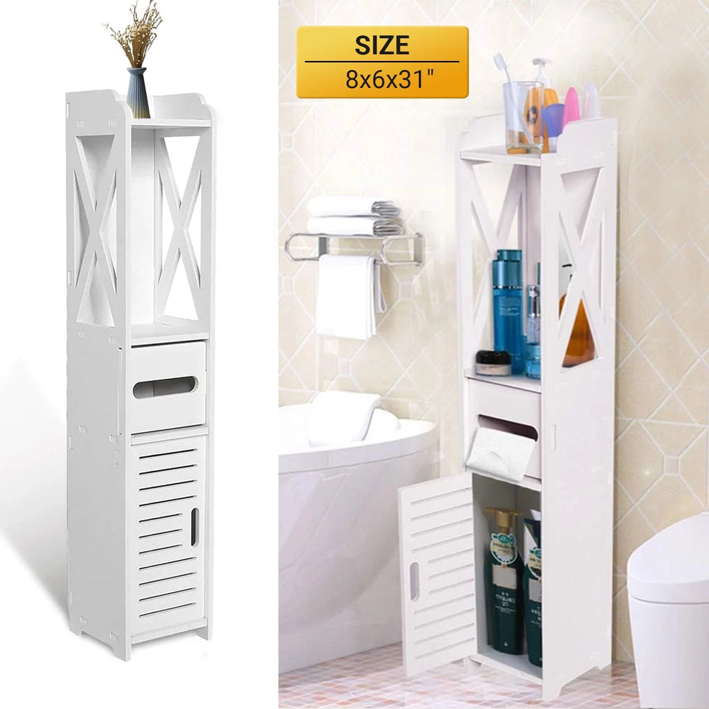 White 4 Tier Bathroom Storage Cabinet with 1 Door and 3 Shelves V830867