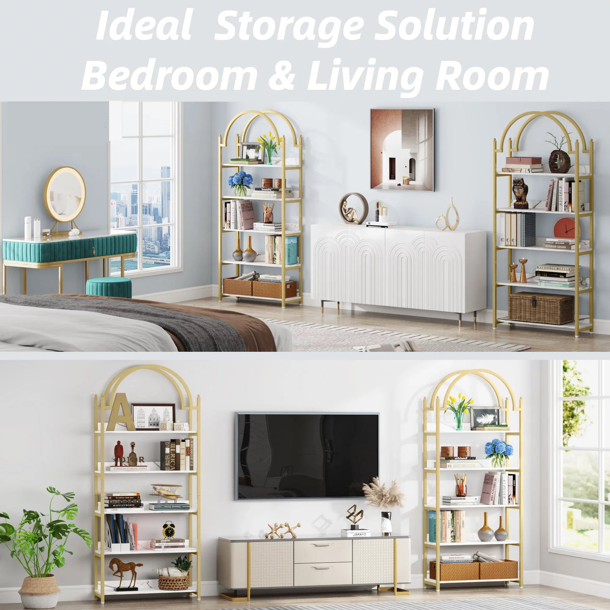 72.4 inch Tall Gold Metal 5 Shelf Arched Bookcase K8421