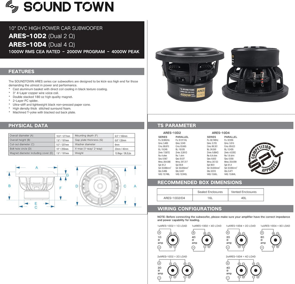 10" Dual Voice Coil 1000W Car Audio Subwoofer, Dual 4-Ohm F8464