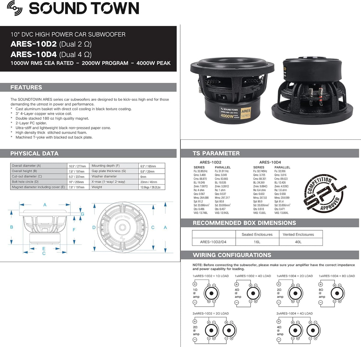 10" Dual Voice Coil 1000W Car Audio Subwoofer, Dual 4-Ohm F8464