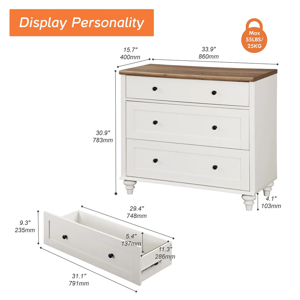 White 3 Drawer Wood Dresser J58613