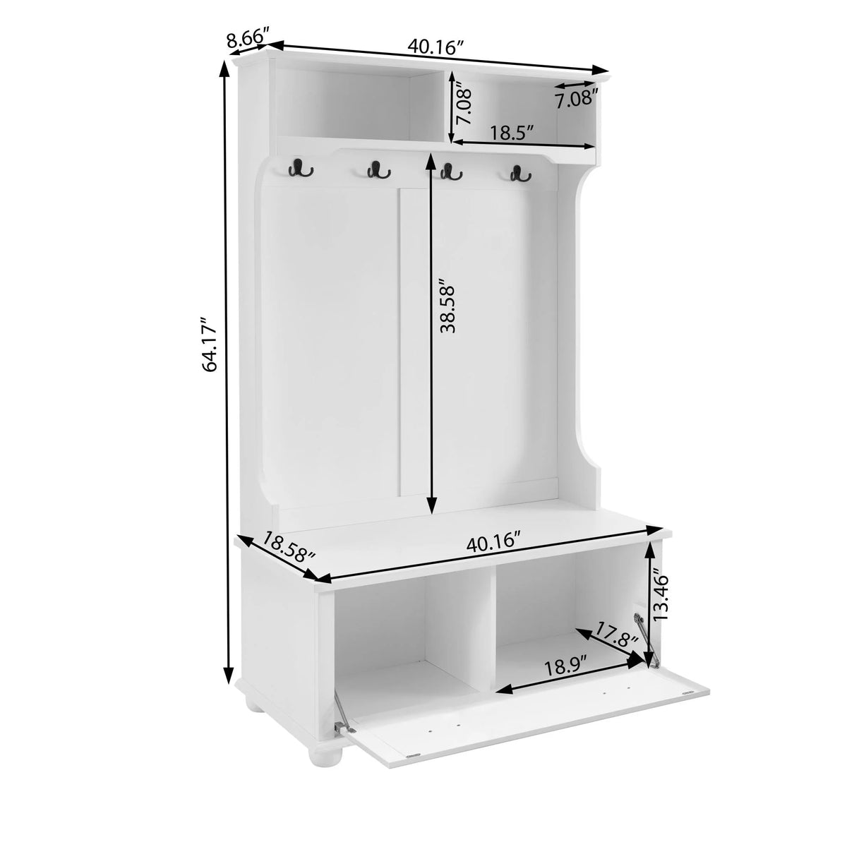 White Hall Tree Bench with Coat Rack and Shoe Cabinet A461