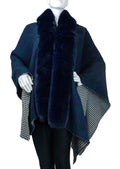 Reversible Plaid Houndstooth Wrap with Faux Mink Trim B418