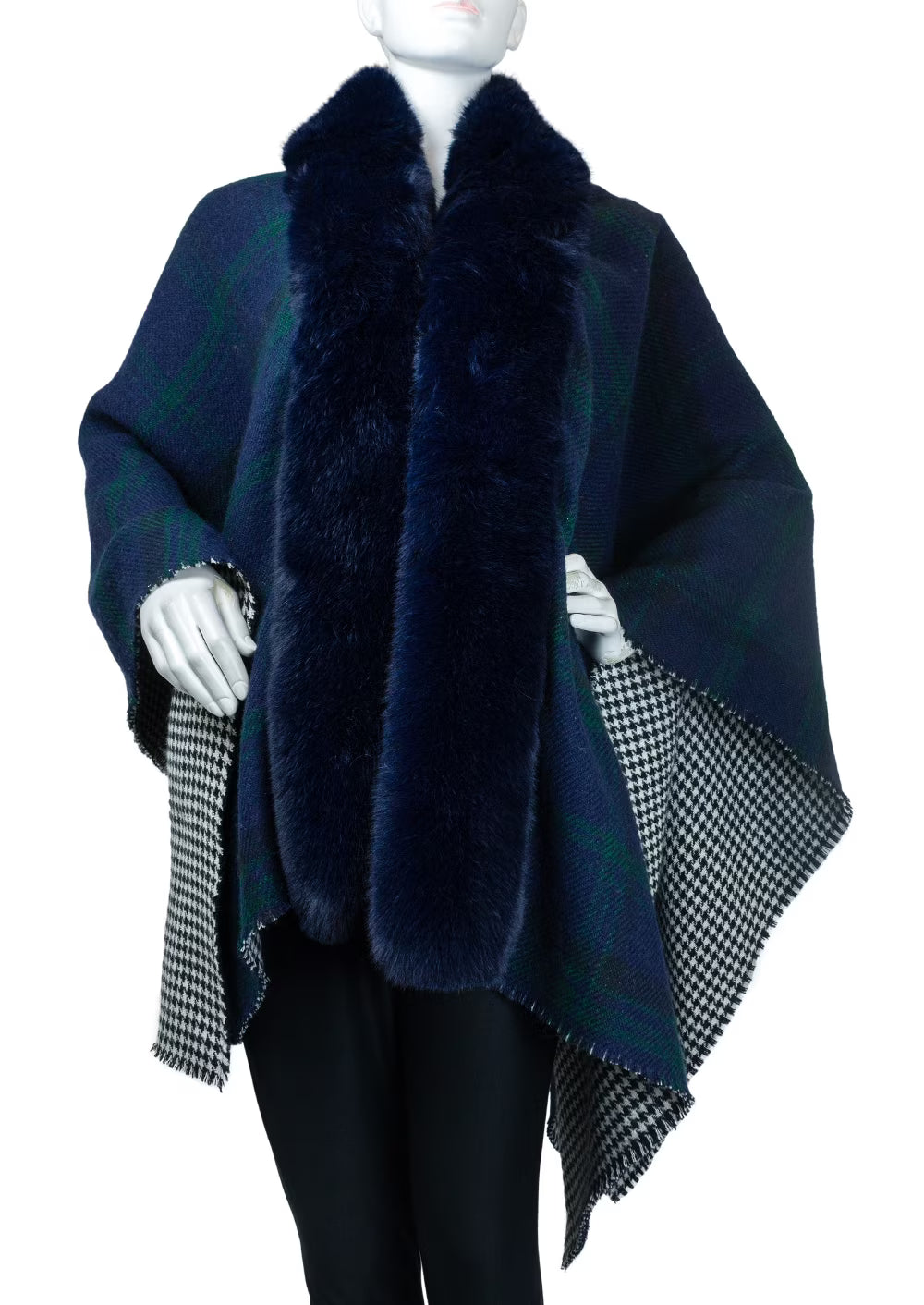 Reversible Plaid Houndstooth Wrap with Faux Mink Trim B418