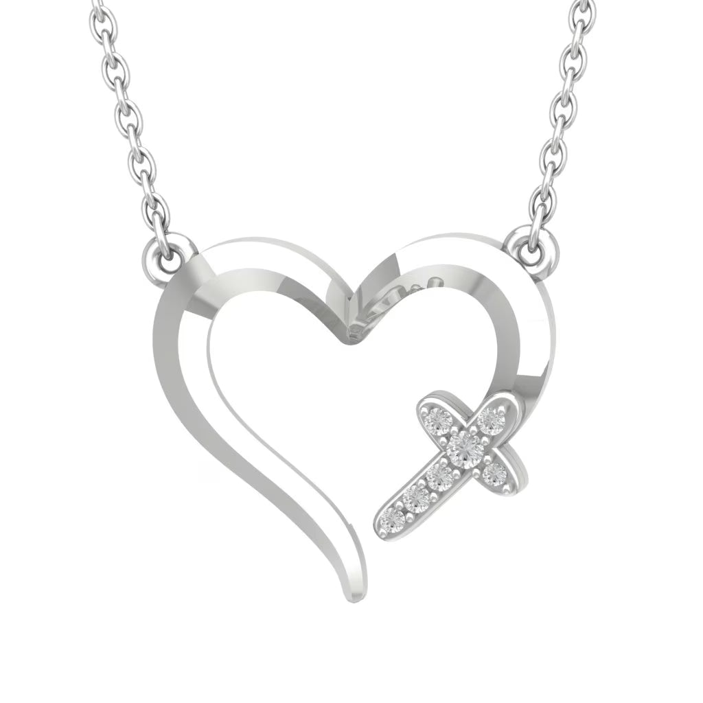 Sterling Silver Diamond Cross Heart Pendant Necklace, 18" X9156