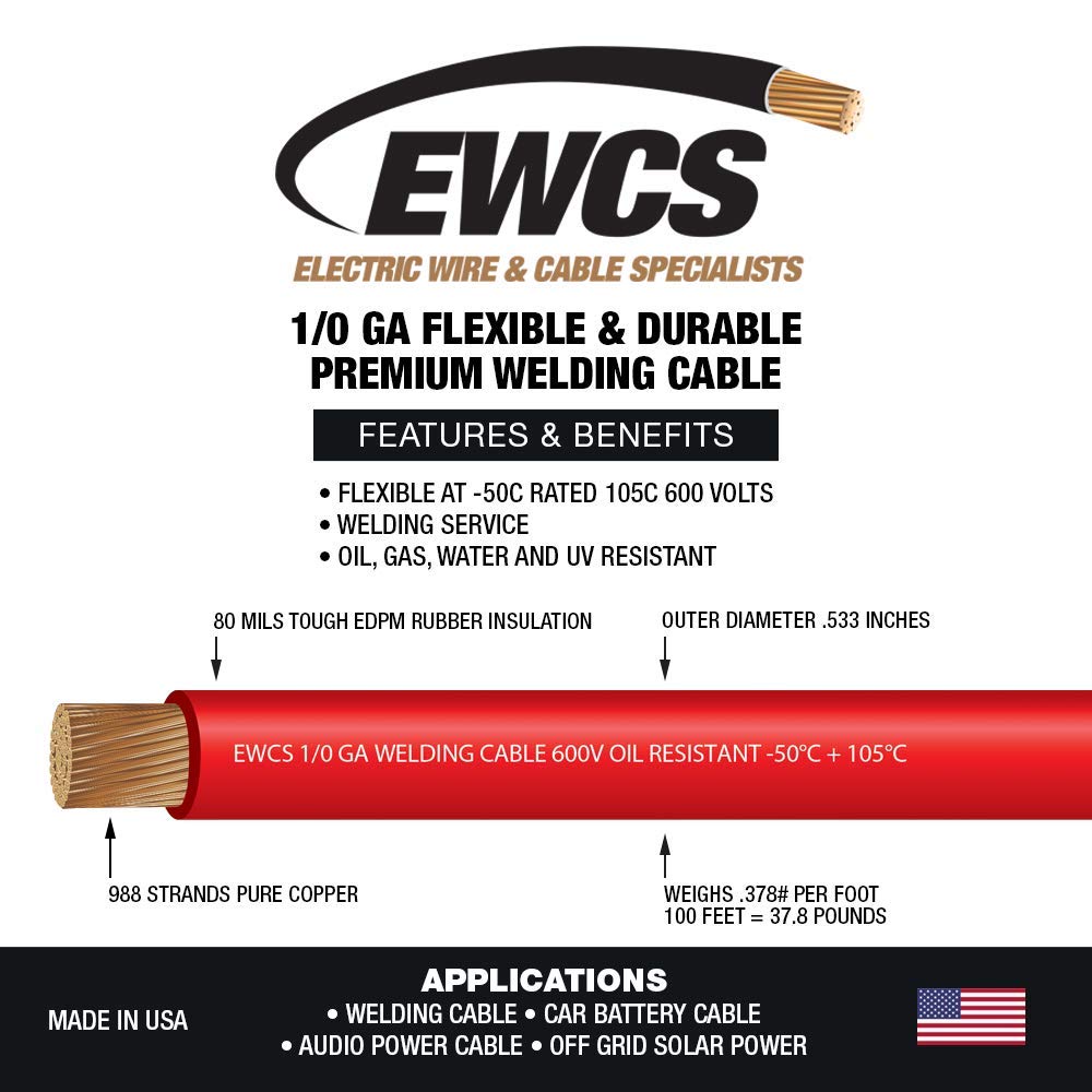 Red 1/0 Gauge Extra Flexible Welding Cable 600 Volt 50 Feet F667