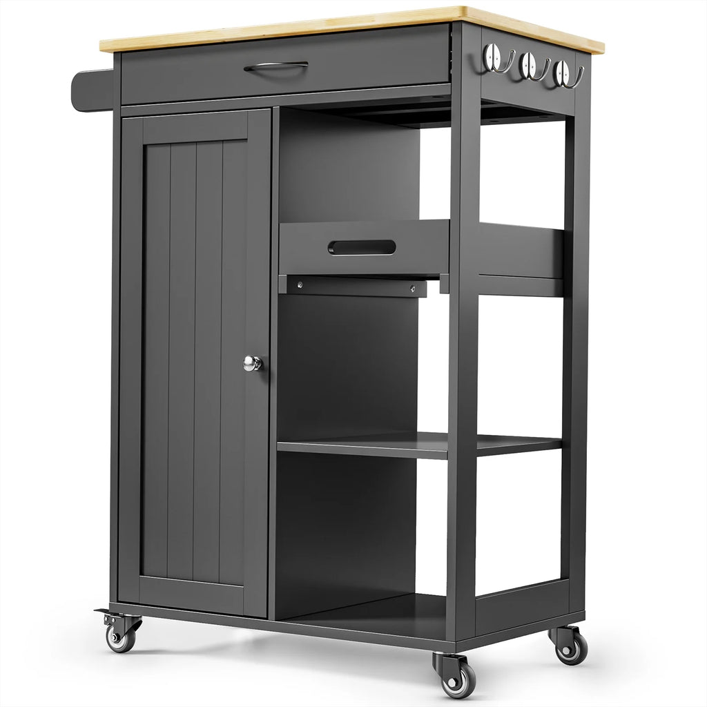 Black Kitchen Island Cart with Drawer and 3 Open Storage Shelves I7052