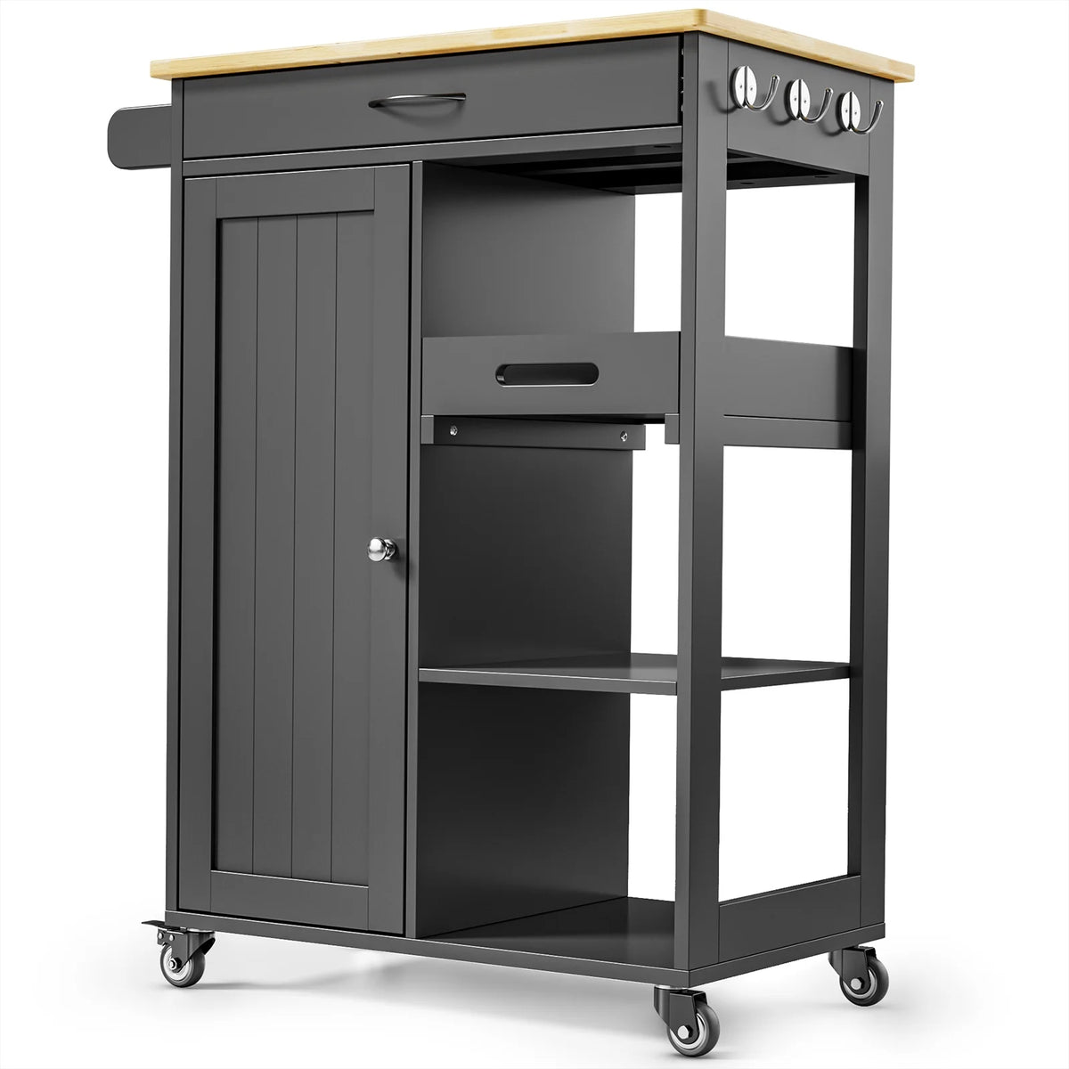 Black Kitchen Island Cart with Drawer and 3 Open Storage Shelves I7052