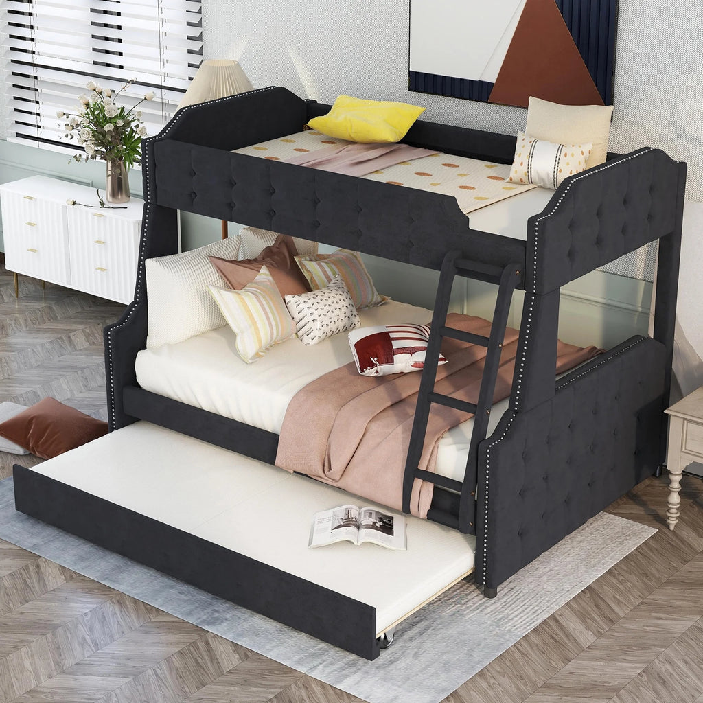 Black Upholstered Twin-Over-Full Bunk Bed with Trundle W9610