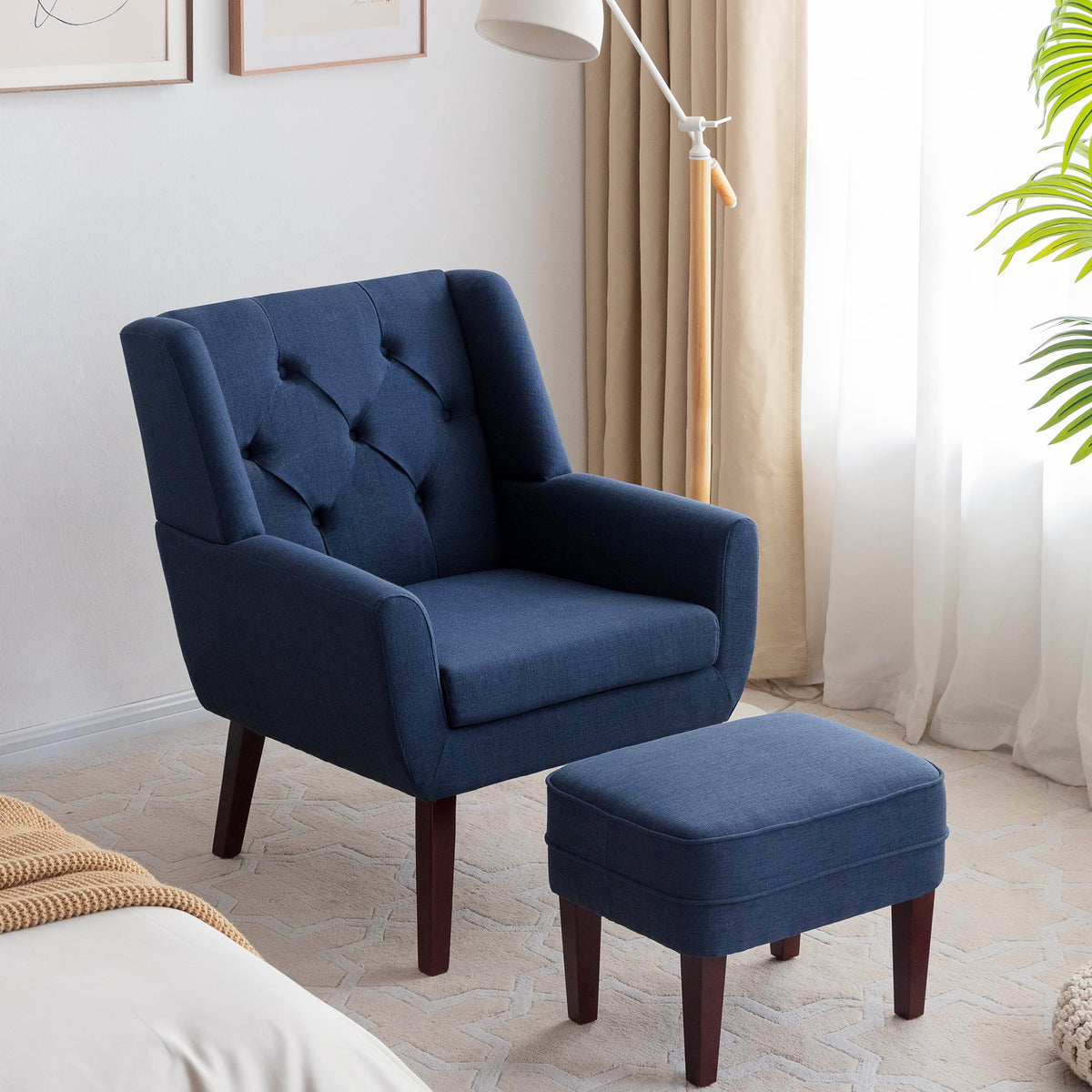 Blue Linen Fabric Tufted Accent Chair with Ottoman D13067