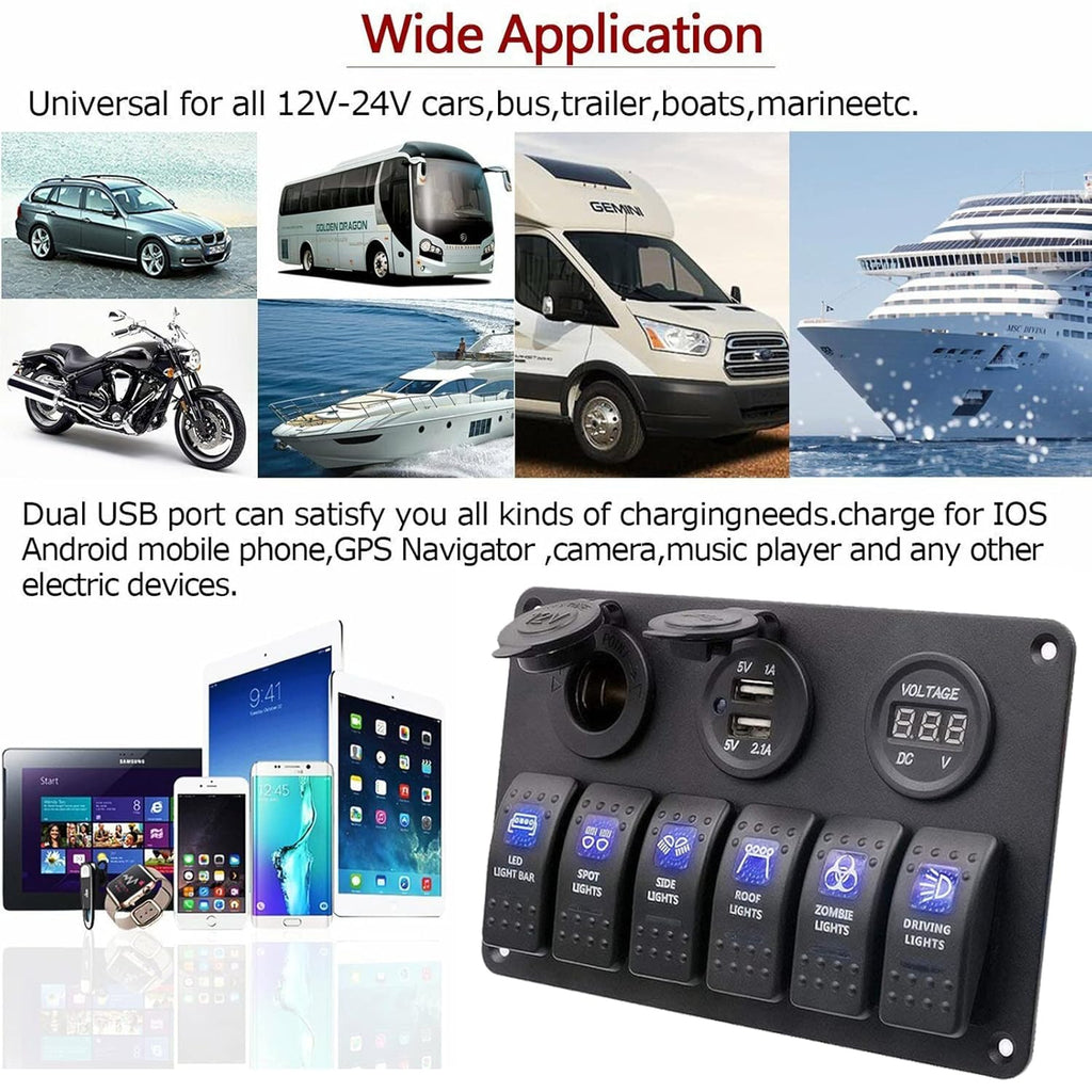 Waterproof Rocker Marine Switch Panel with USB, Blue LED, Pack of 2 W731