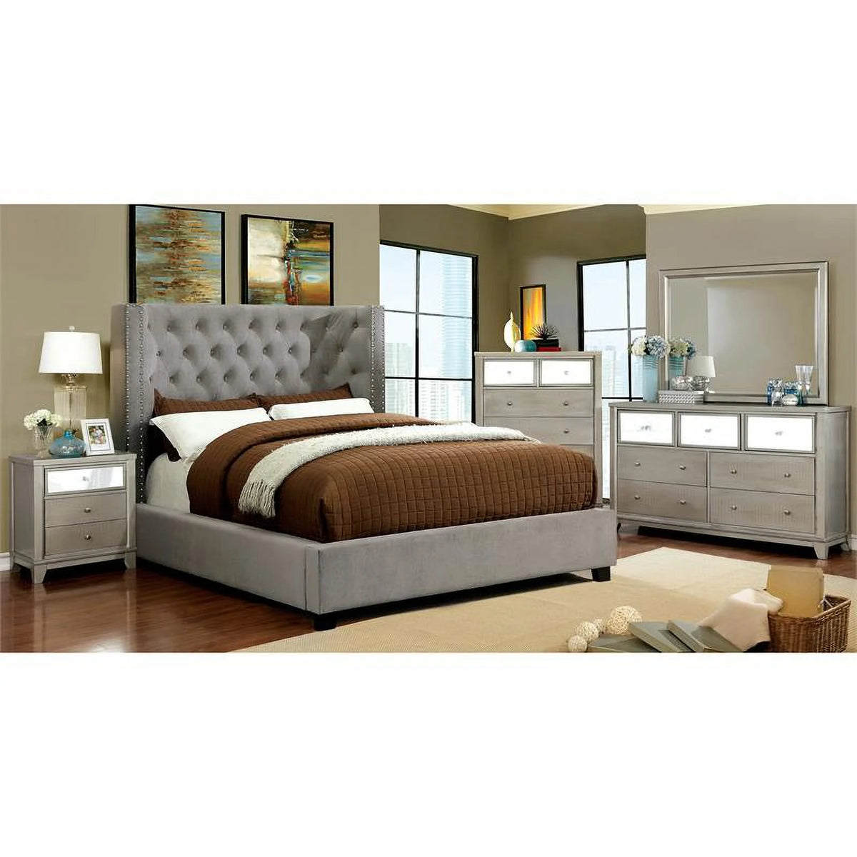 Gray Fabric Wingback California King Bed X201