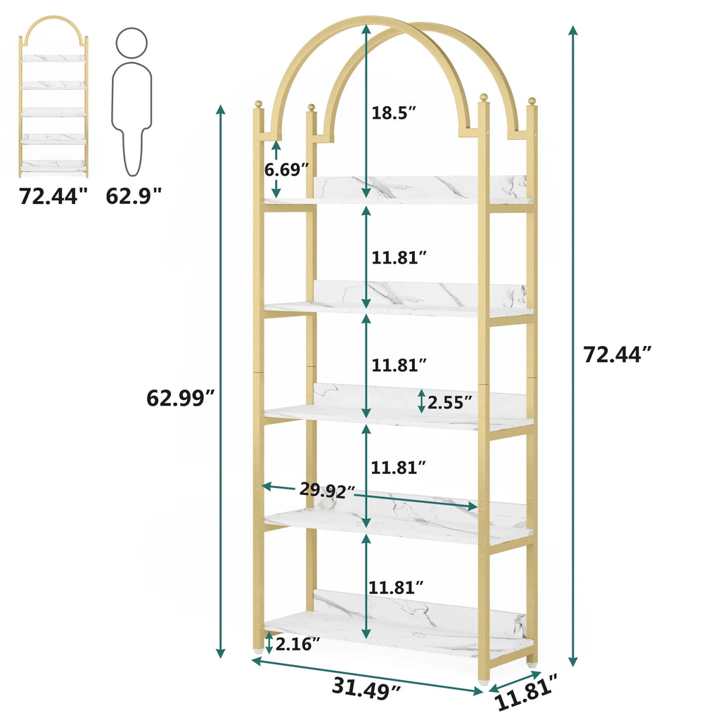 72.4 inch Tall Gold Metal 5 Shelf Arched Bookcase K8421