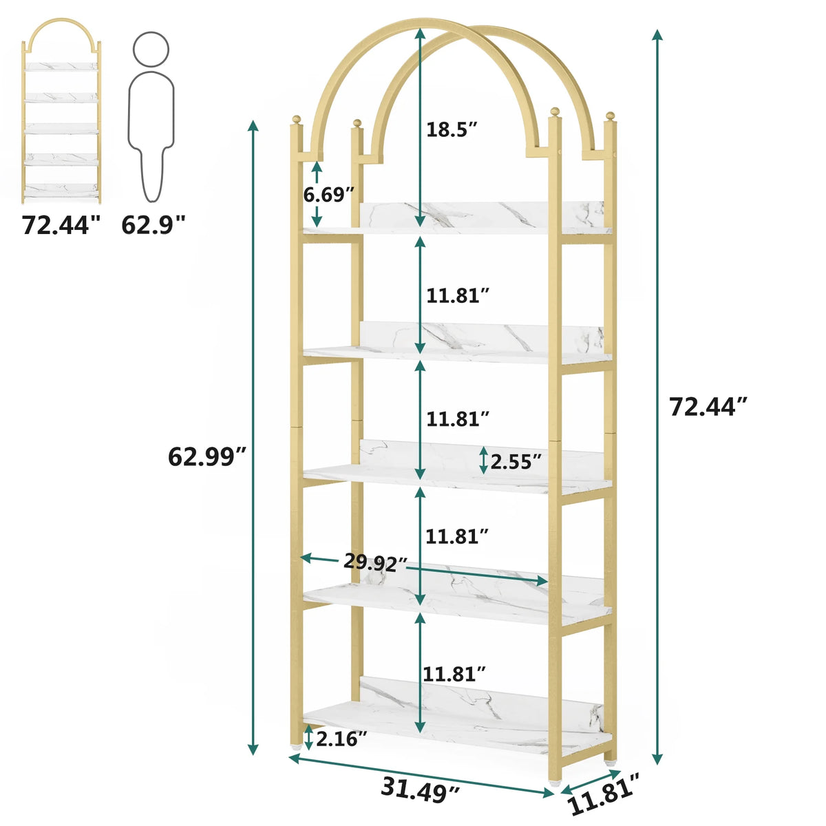 72.4 inch Tall Gold Metal 5 Shelf Arched Bookcase K8421