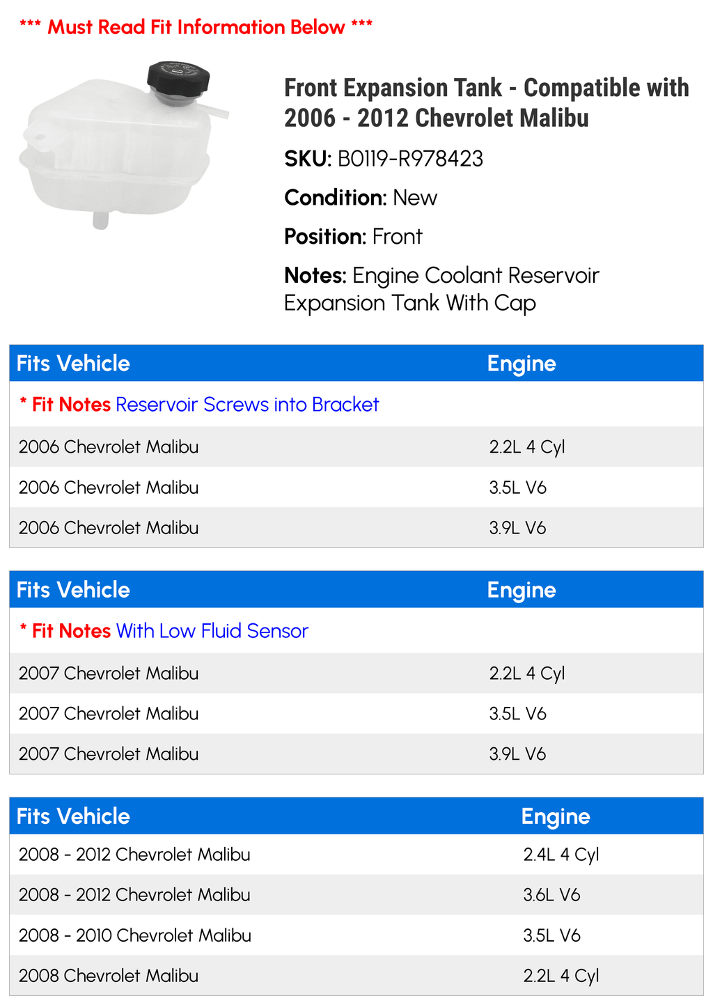 Front Expansion Tank for Chevy Malibu 2006-2012 P7201