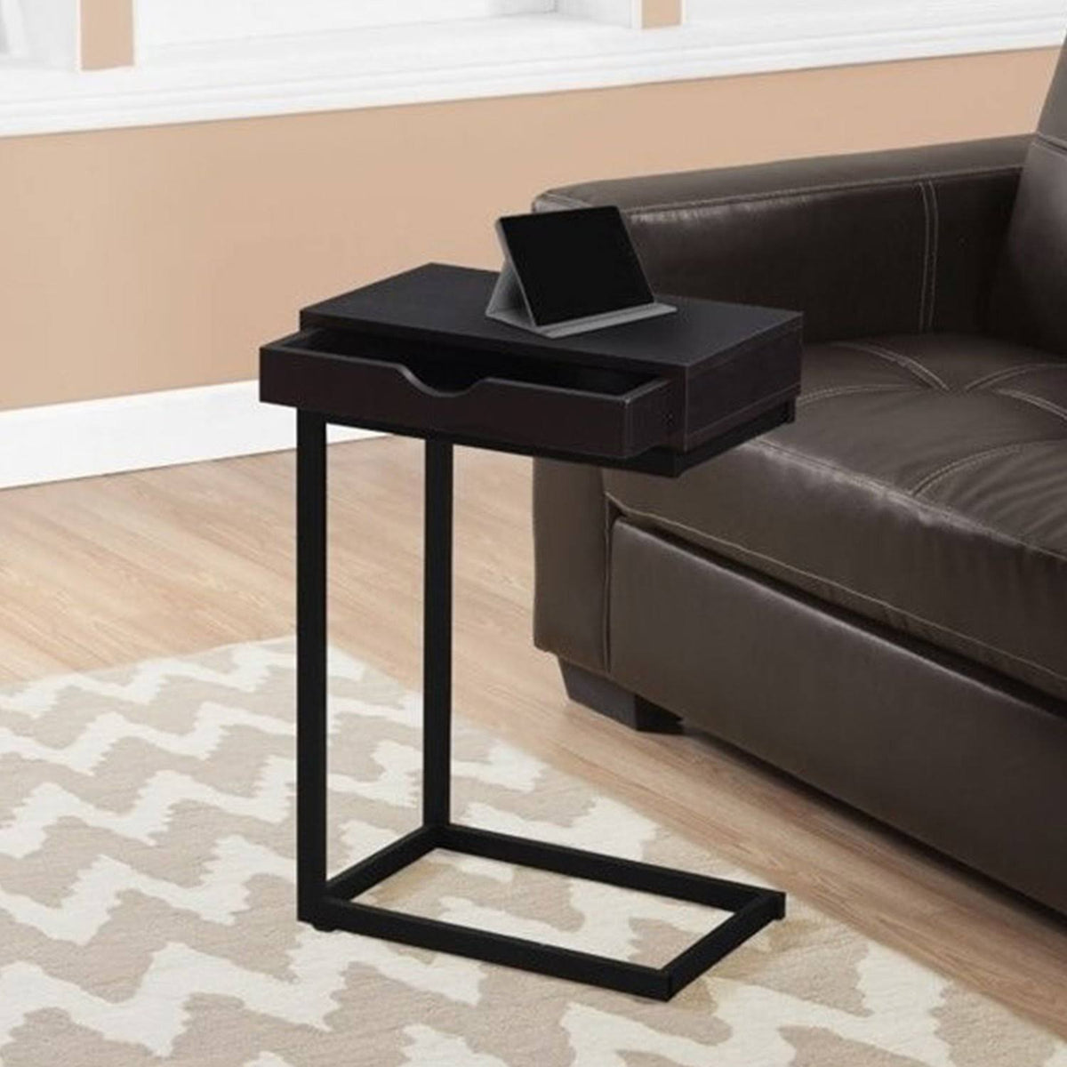 Cappuccino Particle Board and Black Metal Accent Table T1391