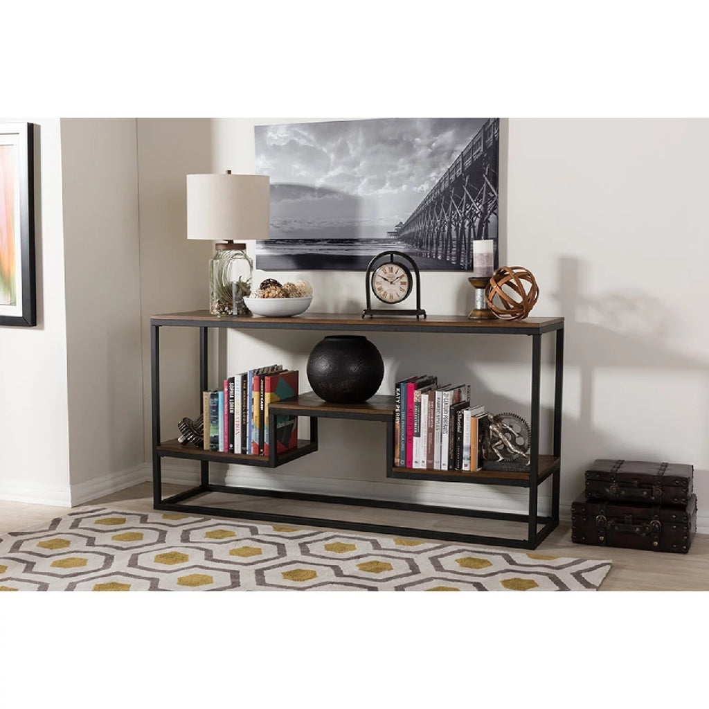 Antique Black Metal Distressed Wood Console Table Y817554
