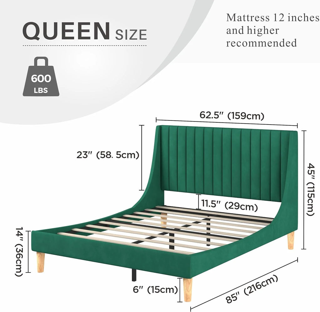 Queen Size Green Velvet Platform Bed Frame L648034